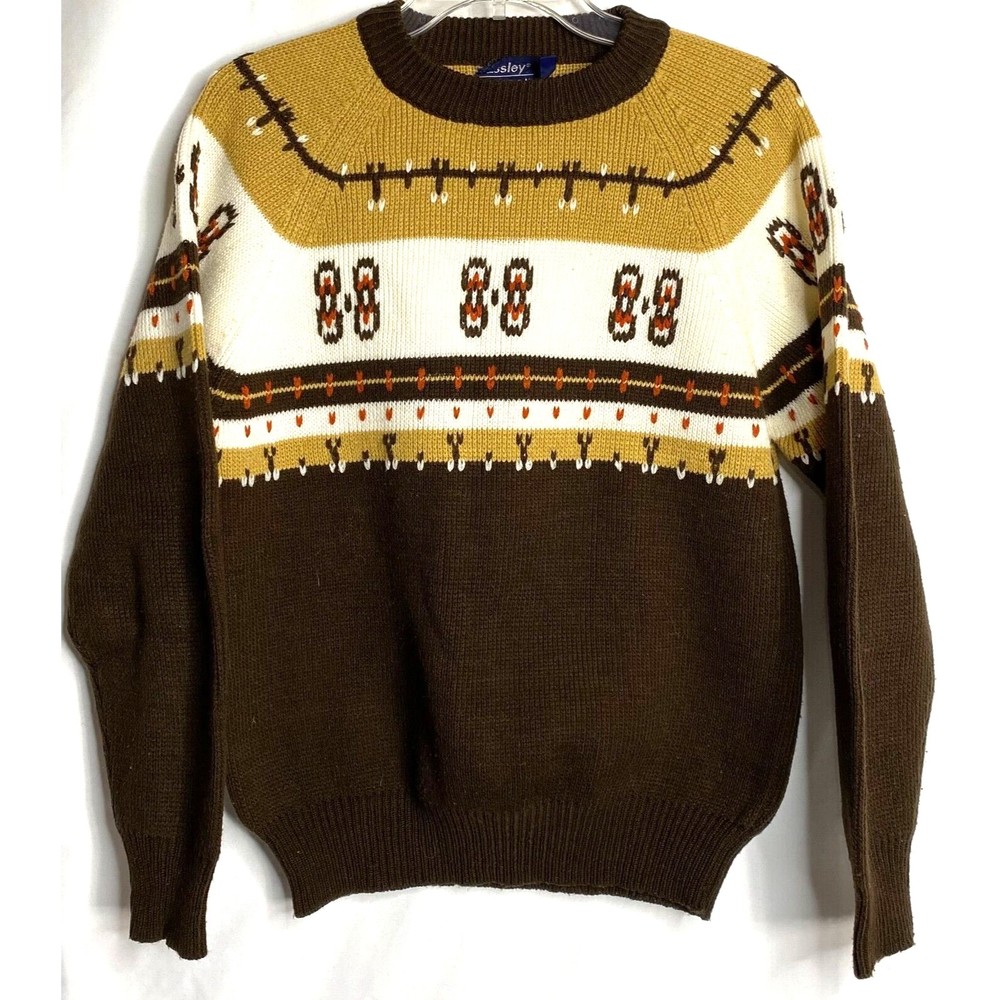 Vintage Essley Fair Isle Brown Tan Cream Acrylic Sweater Medium Taiwan Boho